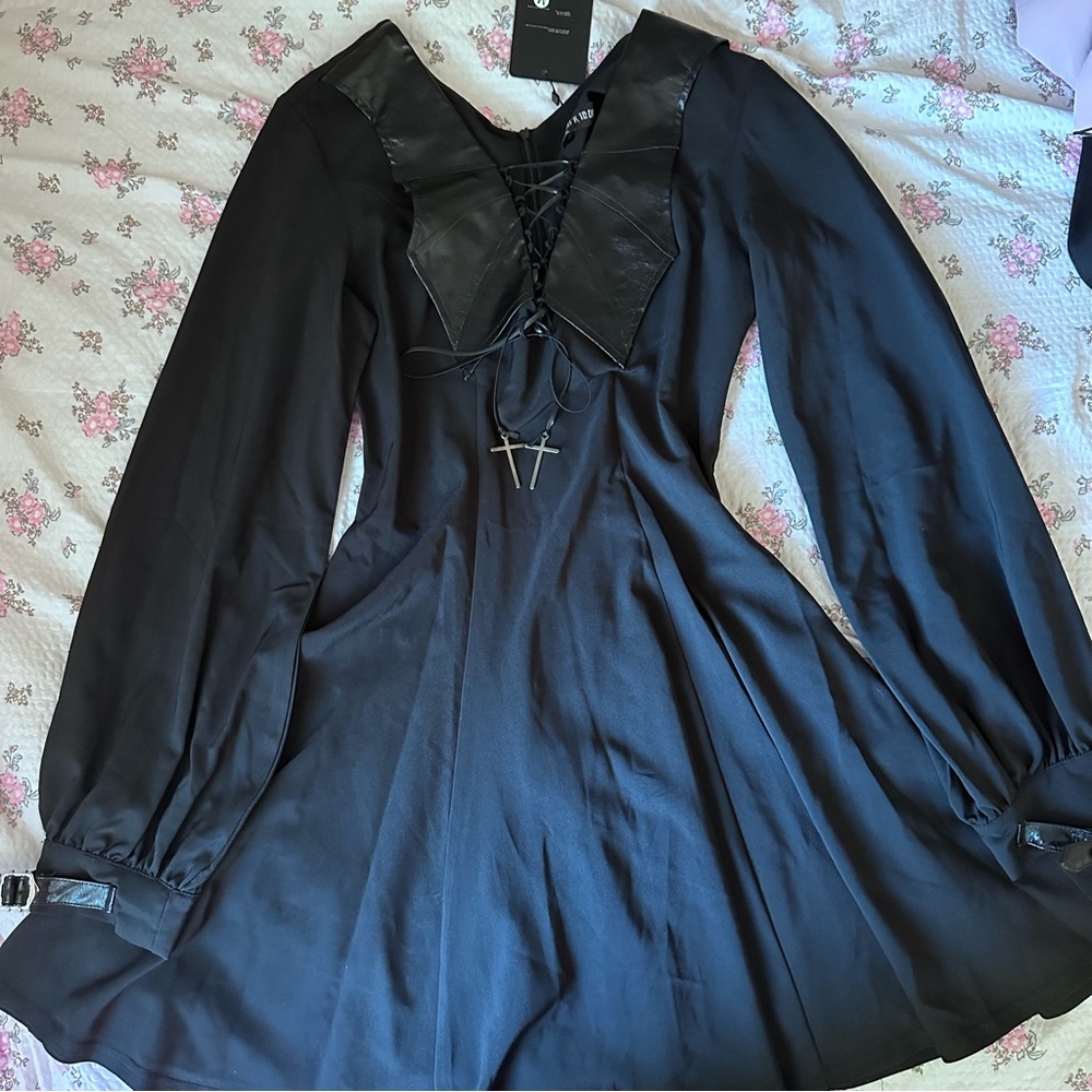 Dark in love goth leather bat wing collar mini dress M NWT